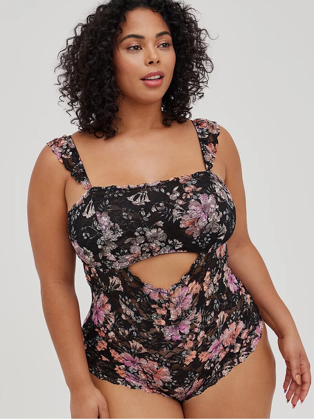 Torrid Curve Floral Lace Cutout Chemise - Black with Pink Floral size 1X NWT